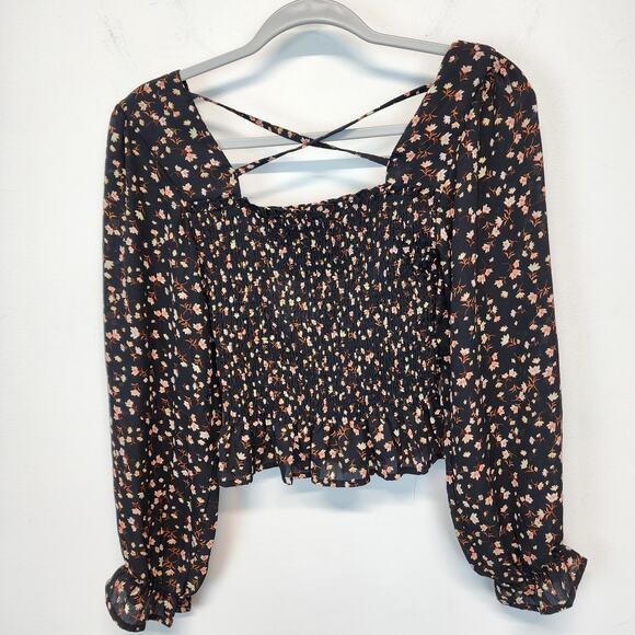 Better Together Smock Floral Crop Top Size Small Black Long Sleeve Boho Cottage - Picture 1 of 11